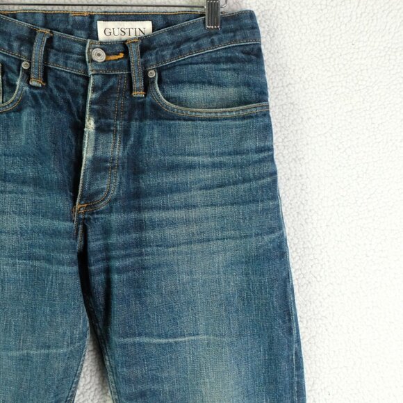 Gustin Jeans Mens 30X34 Blue Raw Selvedge Denim Straight Stone Wash Whiskers - Picture 2 of 13